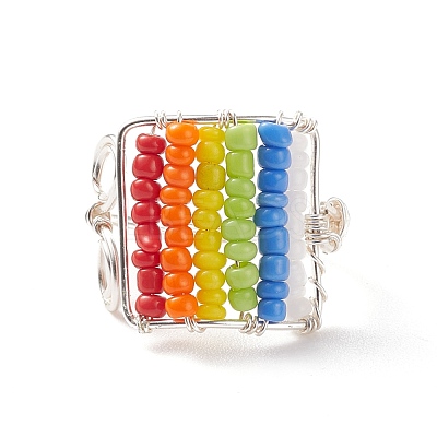 Glass Bead Braided Rectangle Open Cuff Ring RJEW-JR00489-1