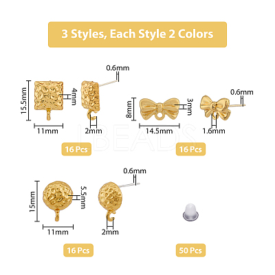 48Pcs 6 Style Half Round & Bowknot & Rectangle Alloy Stud Earring Findings FIND-DC0003-22-1