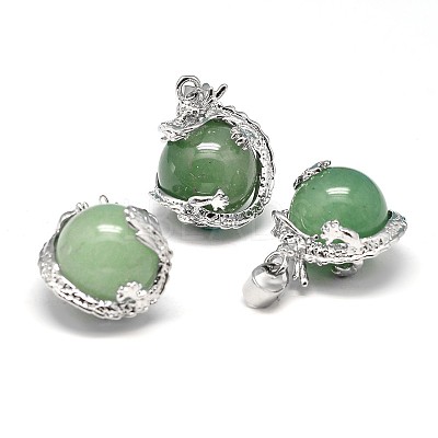 Dragon Platinum Plated Brass Natural Green Aventurine Pendants G-F228-04B-RS-1