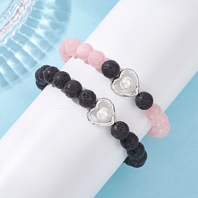 2Pcs Natural Round Pink Mashan Jade & Lava Rock Beads Stretch Bracelets BJEW-JB12879-1