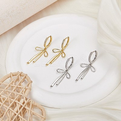 1 Pair Bowknot Brass Micro Pave Clear Cubic Zirconia Hoop Earrings for Women EJEW-SZ0002-04G-1