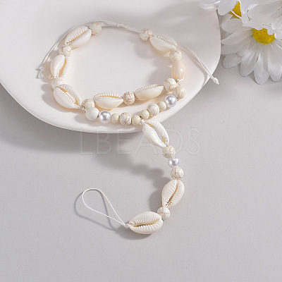 Bohemian Style Natural Cowrie Shell & Plastic Imitation Pearl & Waxed Cord Adjustable Toe Ring Anklets FS-WG56DB4-01-1