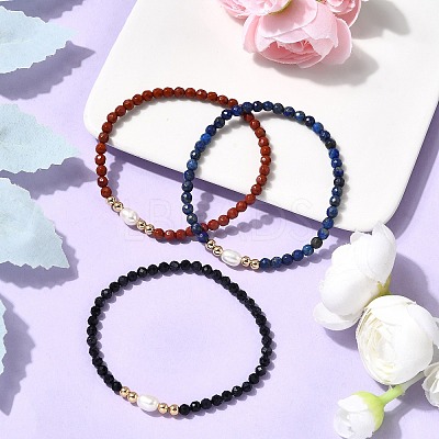 3Pcs Natural & Synthetic Mixed Gemstone Round Beads Stretch Bracelets for Men Women BJEW-JB12337-1