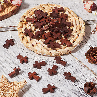100Pcs Wood Dyed Cross Pendants WOOD-TA0001-93-1