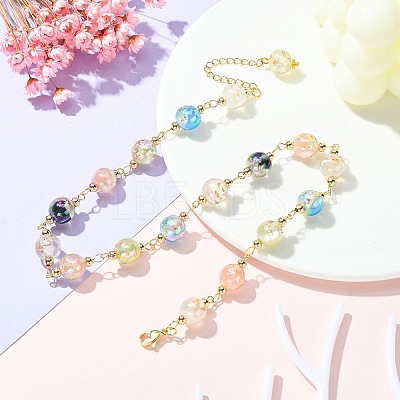 Resin with Gold Foil Round Beaded Chain Necklaces NJEW-JN04361-01-1