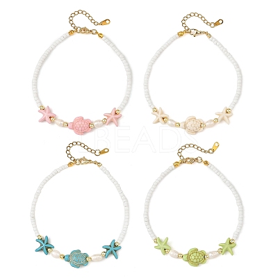 Summer Dyed Synthetic Turquoise & Natural Pearl & Seed Bead Beaded Anklets AJEW-AN00870-1