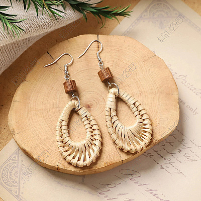 Bohemian Wood & Rattan Wood Woven Dangle Earrings WG21945-03-1