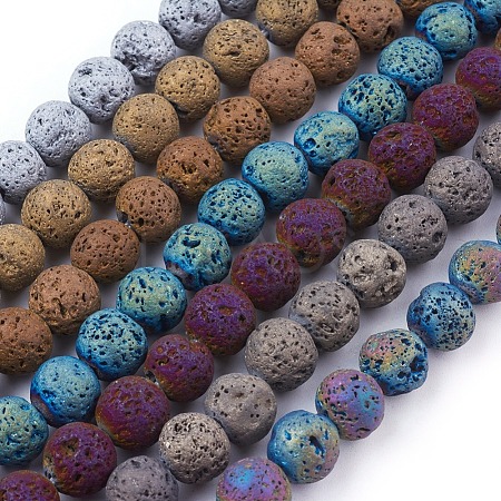 PVD Vacuum Plating Electroplated Natural Lava Rock Bead Strands G-E432-10mm-01-1