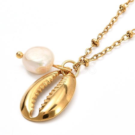 Cowrie Shell & Natural Pearl Pendant Necklace for Teen Girl Women NJEW-JN03717-02-1