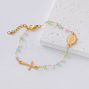 304 Stainless Steel Oval Religion Cross Link Resin Beaded Anklets for Women AH5734-6-1