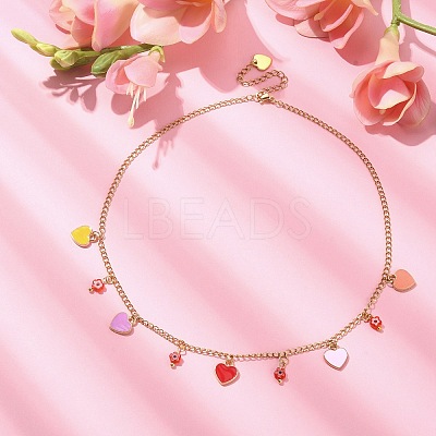 Alloy Heart & Millefiori Glass Flower Bib Necklace with Ion Plating(IP) Handmade 304 Stainless Steel Chains NJEW-JN04403-1