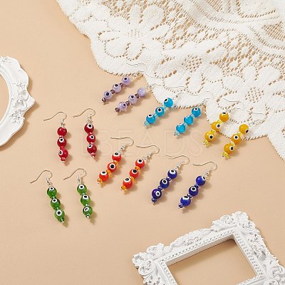 7 Pairs 7 Color Lampwork Evil Eye & Glass Beaded Dangle Earrings EJEW-JE05086-1
