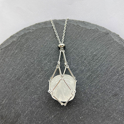 Natural Quartz Crystal Nuggets Macrame Pouch Pendant 201 Stainless Steel Chain Necklaces FS-WG7A779-01-1
