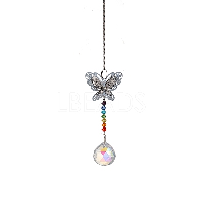 Glass Round Ball Sun Catcher Hanging Prism Ornaments with Iron Butterfly HJEW-PW0002-14A-1