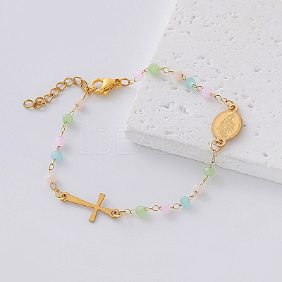 304 Stainless Steel Oval Religion Cross Link Resin Beaded Anklets for Women AH5734-6-1