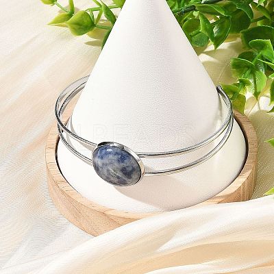 Natural Mixed Stone Flat Round 304 Stainless Steel Cuff Bangles for Women BJEW-JB14352-02-1