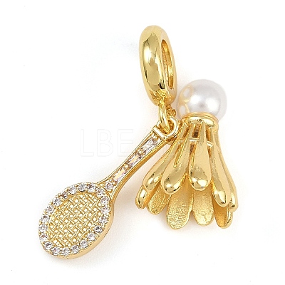 Brass Micro Pave Clear Cubic Zirconia Badminton & Racket European Dangle Charms KK-I352-13G-1