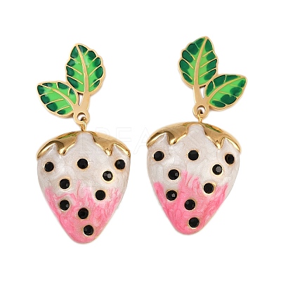 304 Stainless Steel Enamel Strawberry Dangle Stud Earrings LS-EJEW-A138-10G-02-1