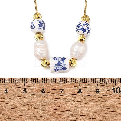 Natural Pearl Rice & Handmade Chinoiserie Floral Printed Porcelain Beaded Necklaces with Brass Round Snake Chains for Women NJEW-JN06400-1