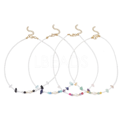 4Pcs 4 Styles Faceted Round and Chip Mixed Gemstone & Natural Cultured Freshwater Pearl & Glass Seed Baeded Necklaces for Women NJEW-JN05602-1