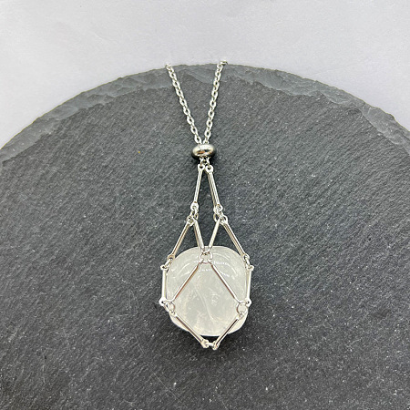 Natural Quartz Crystal Nuggets Macrame Pouch Pendant 201 Stainless Steel Chain Necklaces FS-WG7A779-01-1