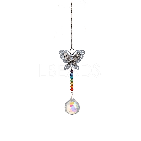 Glass Round Ball Sun Catcher Hanging Prism Ornaments with Iron Butterfly HJEW-PW0002-14A-1