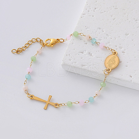 304 Stainless Steel Oval Religion Cross Link Resin Beaded Anklets for Women AH5734-6-1