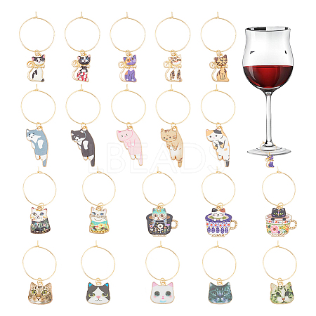 Cat Alloy Enamel Wine Glass Charm AJEW-AB00171-1