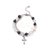 Natural & Synthetic Mixed Stone Beaded Bracelet with Cross Charm BJEW-TA00184-02-1