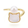Brass & Natural Pearls Adjustable Open Cuff Rings for Women PEAR-N020-07J-2