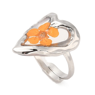Heart Epoxy Resin with Dry Flower Adjustable Rings RJEW-G304-01P-1