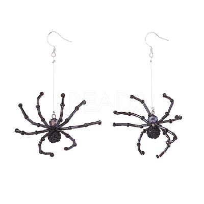 Glass Seed Braided Spider Long Dangle Earrings EJEW-TA00085-1