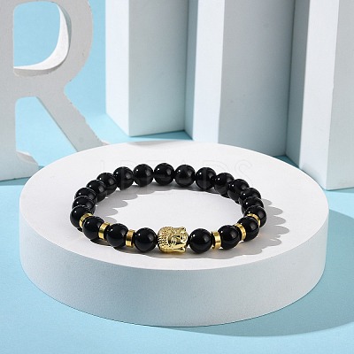 Synthetic Black Stone & Alloy Buddha Head Beaded Strech Bracelets BJEW-JB09420-02-1