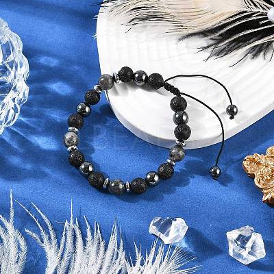 Non-Magnetic Synthetic Hematite & Natural Larvikite & Natural Lava Rock Round Beaded Braided Bracelets for Men Women BJEW-JB11185-02-1