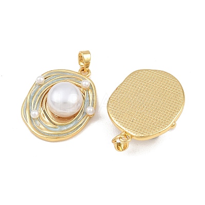 Brass with Aqua Enamel & ABS Plastic Pearl Pendants KK-CBA415D-06G-1