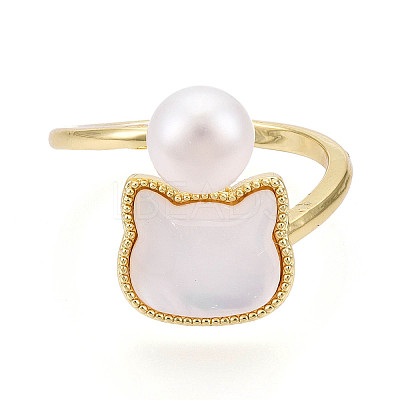 Brass & Natural Pearls Adjustable Open Cuff Rings for Women PEAR-N020-07J-1