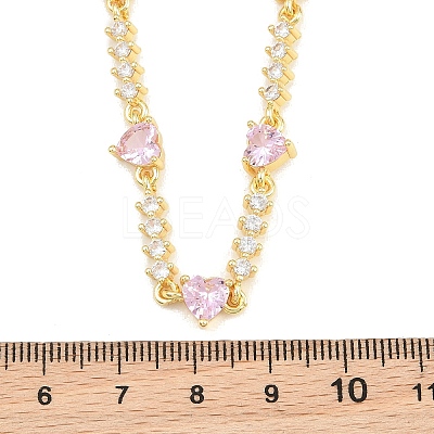 Brass Pave Pink Cubic Zirconia Heart Link Chain Necklaces KK-CBA4547-16A-G-1