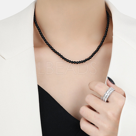 Chic 4MM Round Natural Black Onyx(Dyed and Heated) Beaded Necklaces for Women QN2714-1-1