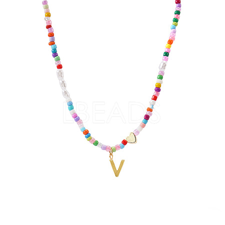 Colorful Beaded Heart Letter Necklace with Pearl Elements Stainless Steel Pendant Jewelry TR2146-22-1