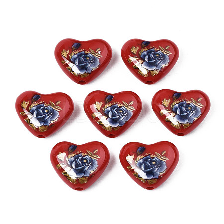 Flower Printed Opaque Acrylic Heart Beads SACR-S305-28-I01-1