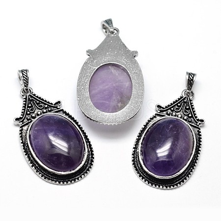 Oval Antique Silver Zinc Alloy Natural Amethyst Big Pendants G-F228-27B-FF-1