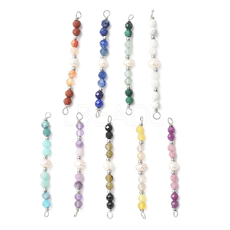 Faceted Round Natural Mixed Gemstone & Potato Natural Cultured Freshwater Pearl Beaded Connector Charms PALLOY-JF03532-1