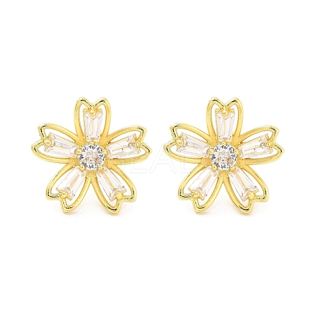 Rack Plating Flower Brass Micro Pave Clear Cubic Zirconia Stud Earrings EJEW-M029-01B-G-1