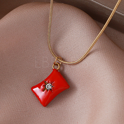 Vintage European 304 Stainless Steel Crystal Rhinestone Red Coin Candy Charm Necklaces with Enamel for Women EK6203-1