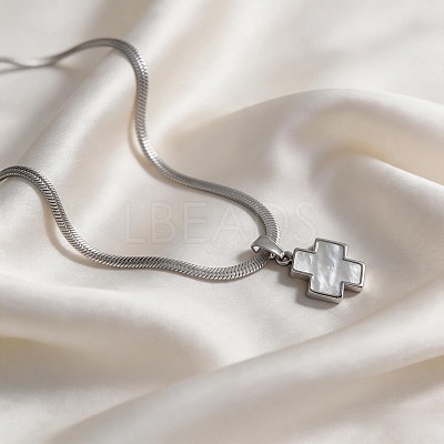 Natural Black Lip Shell Brass Religion Cross Pendant 304 Stainless Steel Flat Snake Chain Necklaces for Unisex WGD3FF7-01-1