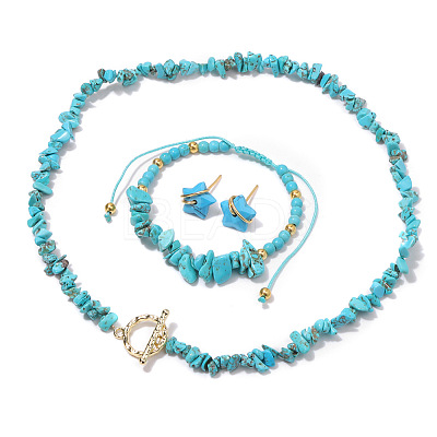 Synthetic Turquoise Chip with 304 Stainless Steel Beaded Necklace & Braided Bead Bracelet & Star Stud Earring FS-WG0BBF5-02-1