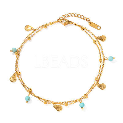 Synthetic Turquoise Round & 304 Stainless Steel Shell Shape Charm Double Layer Anklets for Women FS-WG7A7AF-01-1