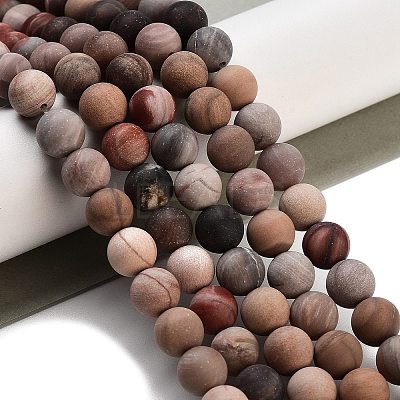 Frosted Natural Petrified Wood Round Bead Strands G-F266-07-8mm-01-1