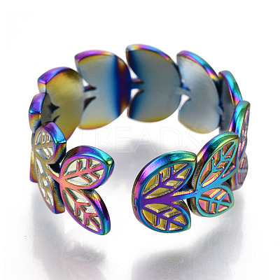 304 Stainless Steel Leaf Cuff Rings RJEW-N038-110M-1