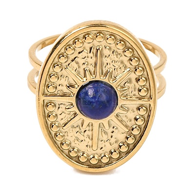 Oval with Sun Natural Lapis Lazuli Finger Rings RJEW-Q822-40G-02-1